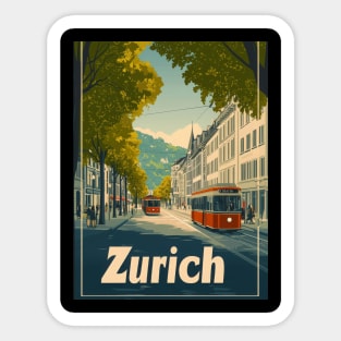 This vibrant travel poster showcases Zurichs classic architecture and picturesque streets, featuring red trams weaving through a lively Sticker